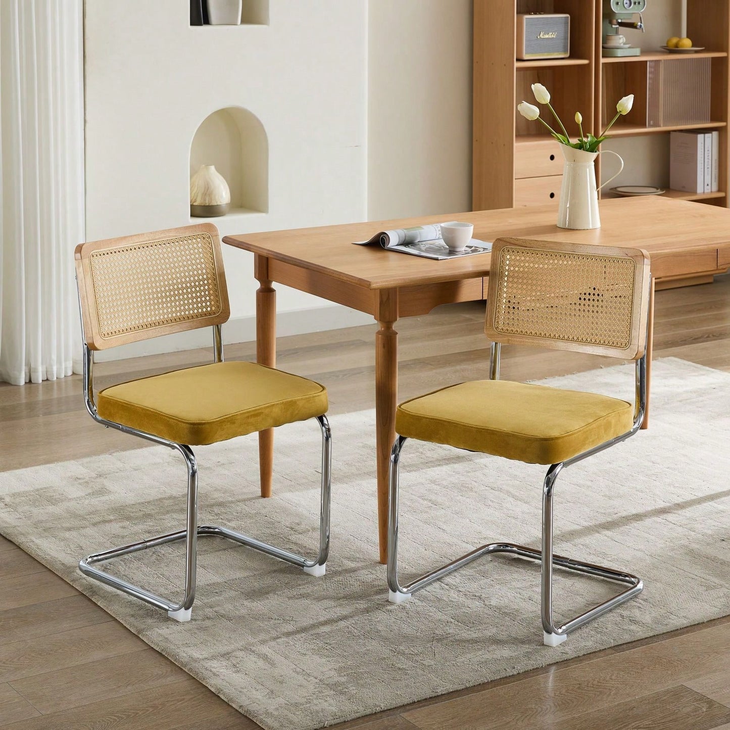 Mid Century Modern Velvet Dining Chairs Set of 2 with Cane Back and Chrome Base Breuer Inspired Rattan Kitchen Accent Chairs