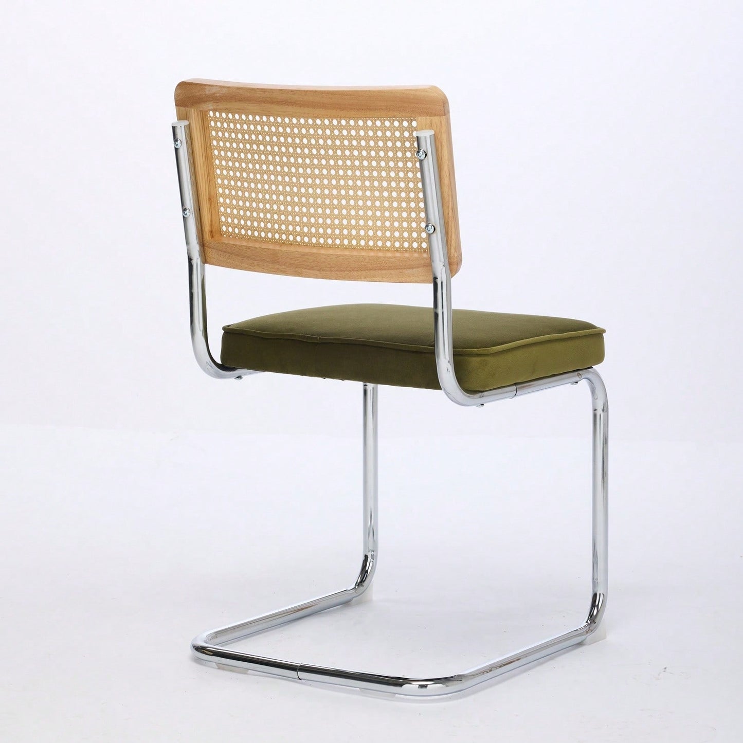 Mid Century Modern Velvet Dining Chairs Set of 2 with Cane Back and Chrome Base Breuer Inspired Rattan Kitchen Accent Chairs
