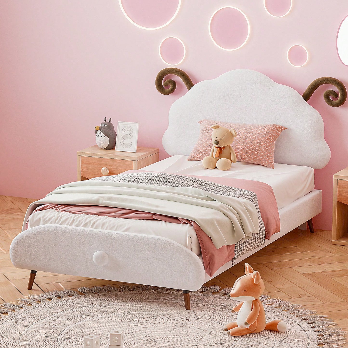 Twin Size Upholstered Platform Bed With Sheep-Shaped Headboard