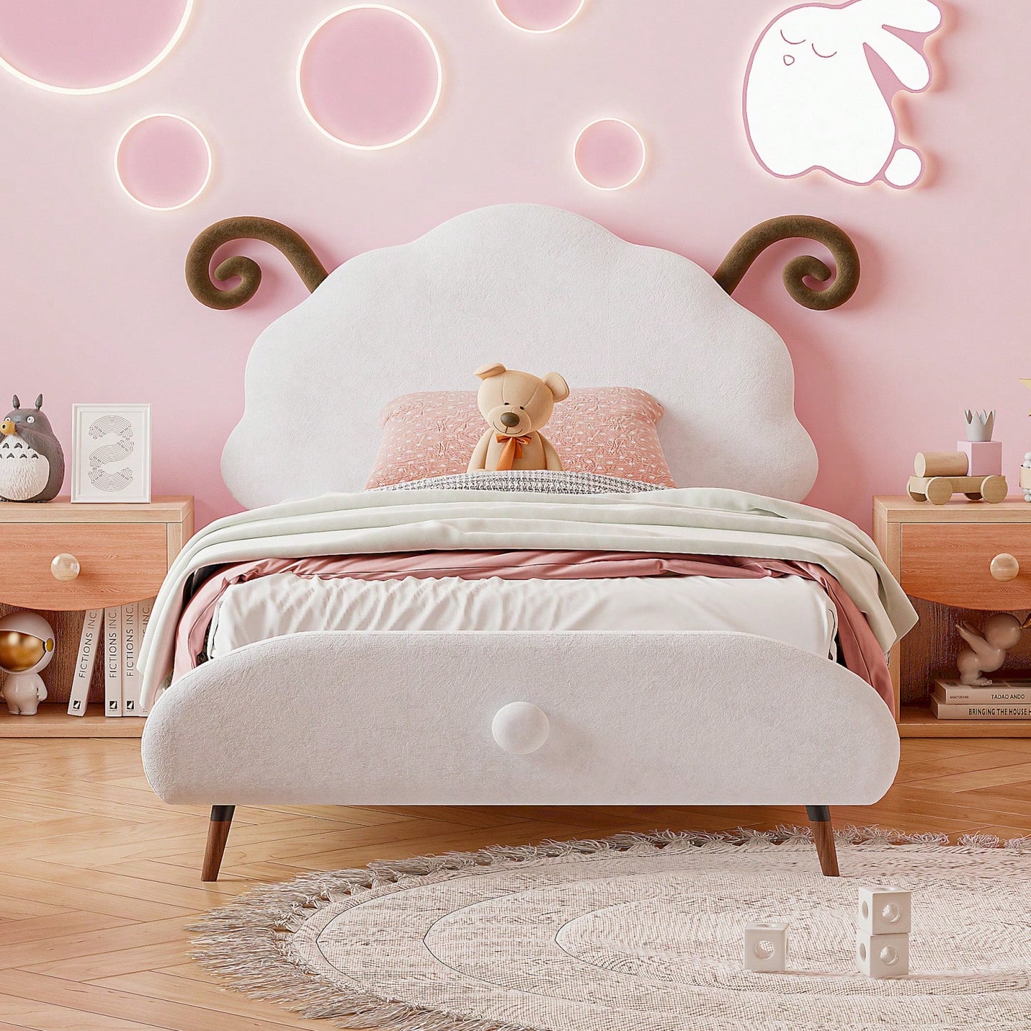 Twin Size Upholstered Platform Bed With Sheep-Shaped Headboard