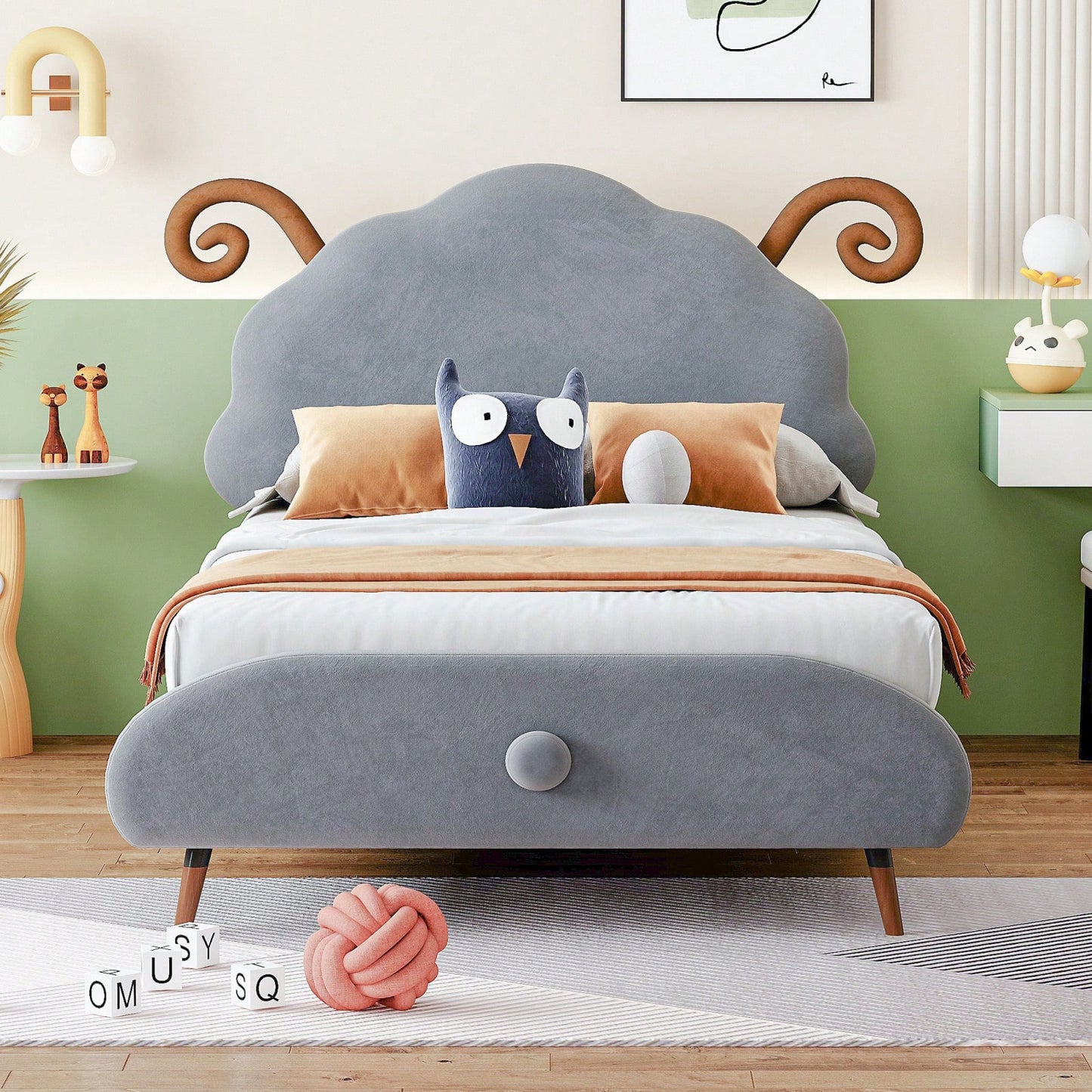 Twin Size Upholstered Platform Bed With Sheep-Shaped Headboard
