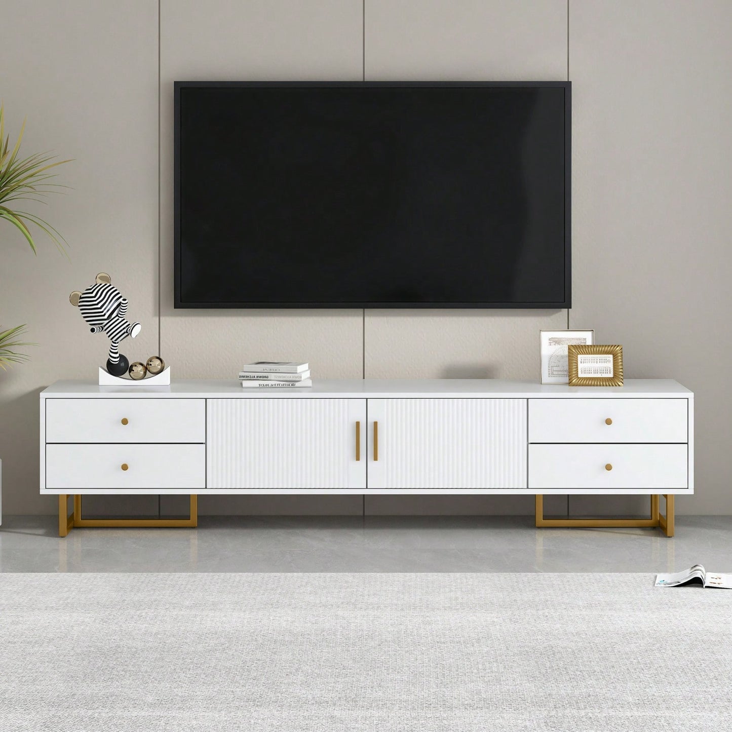 Modern TV Stand With Storage, Entertainment Center For 65+ Inch TV, Wave Groove Design, T-Shaped Metal Frame