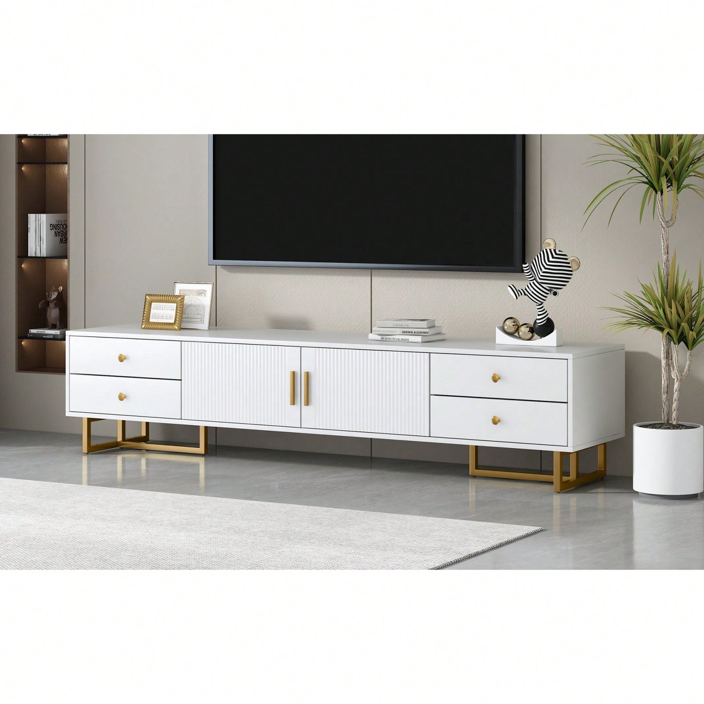 Modern TV Stand With Storage, Entertainment Center For 65+ Inch TV, Wave Groove Design, T-Shaped Metal Frame