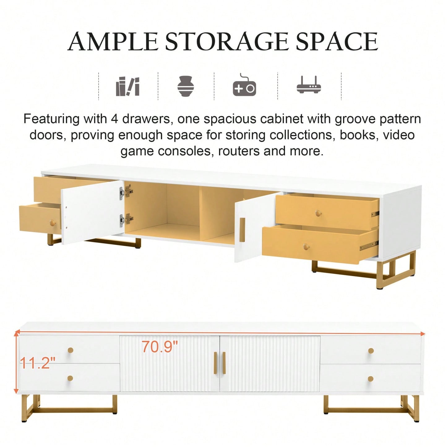 Modern TV Stand With Storage, Entertainment Center For 65+ Inch TV, Wave Groove Design, T-Shaped Metal Frame
