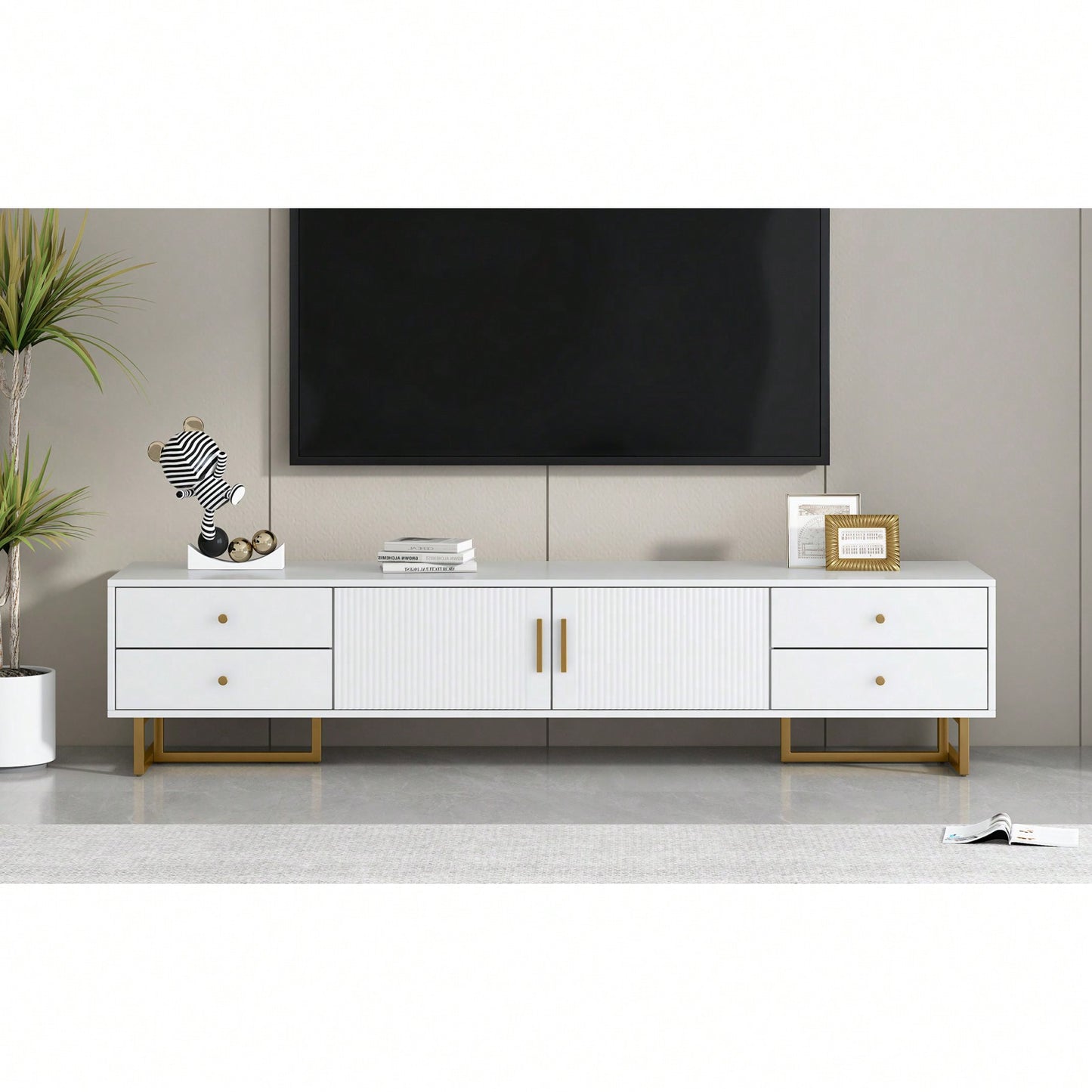 Modern TV Stand With Storage, Entertainment Center For 65+ Inch TV, Wave Groove Design, T-Shaped Metal Frame