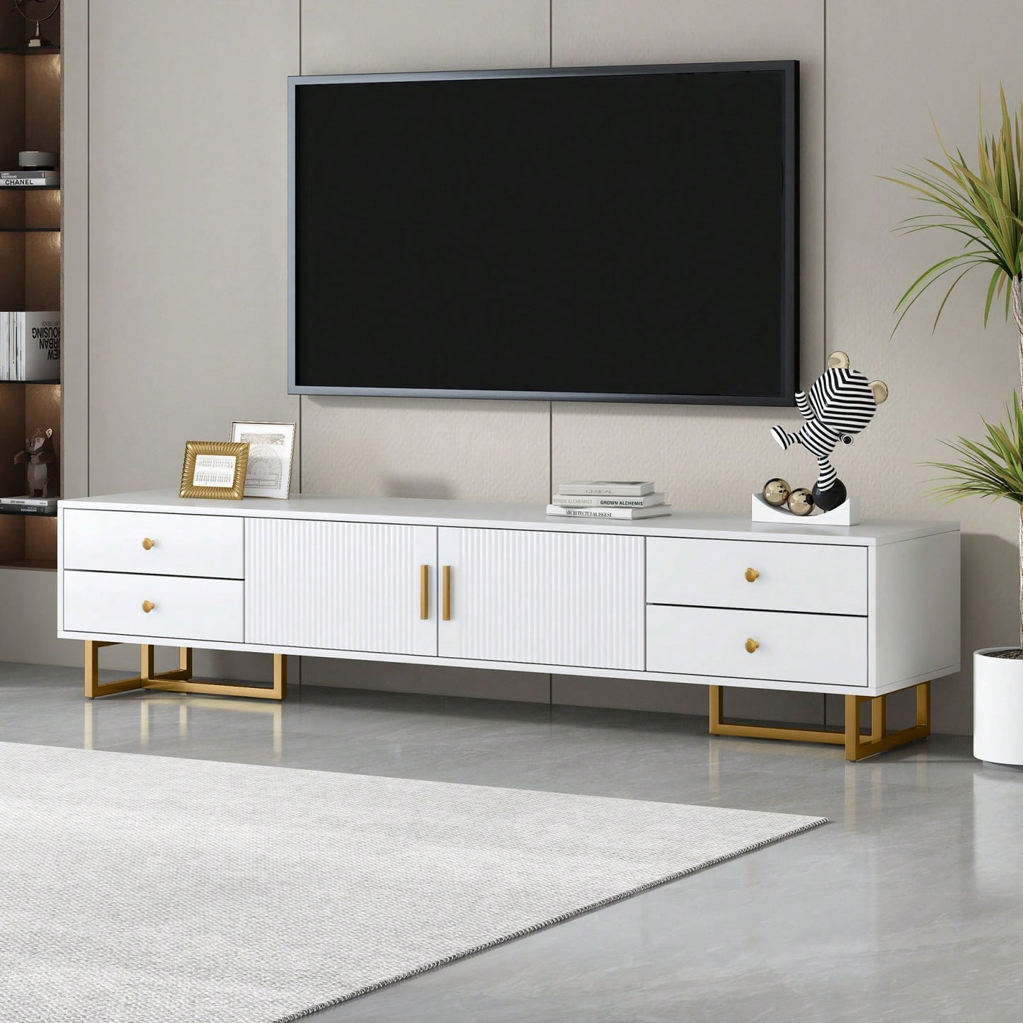 Modern TV Stand With Storage, Entertainment Center For 65+ Inch TV, Wave Groove Design, T-Shaped Metal Frame