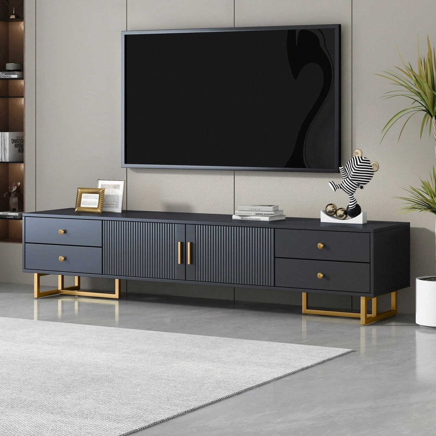 Modern TV Stand With Storage, Entertainment Center For 65+ Inch TV, Wave Groove Design, T-Shaped Metal Frame