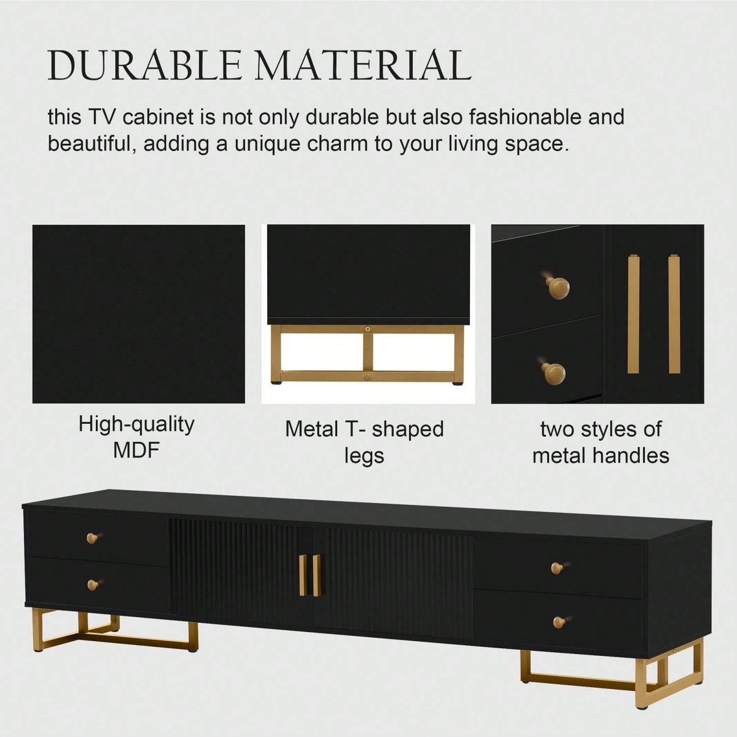 Modern TV Stand With Storage, Entertainment Center For 65+ Inch TV, Wave Groove Design, T-Shaped Metal Frame