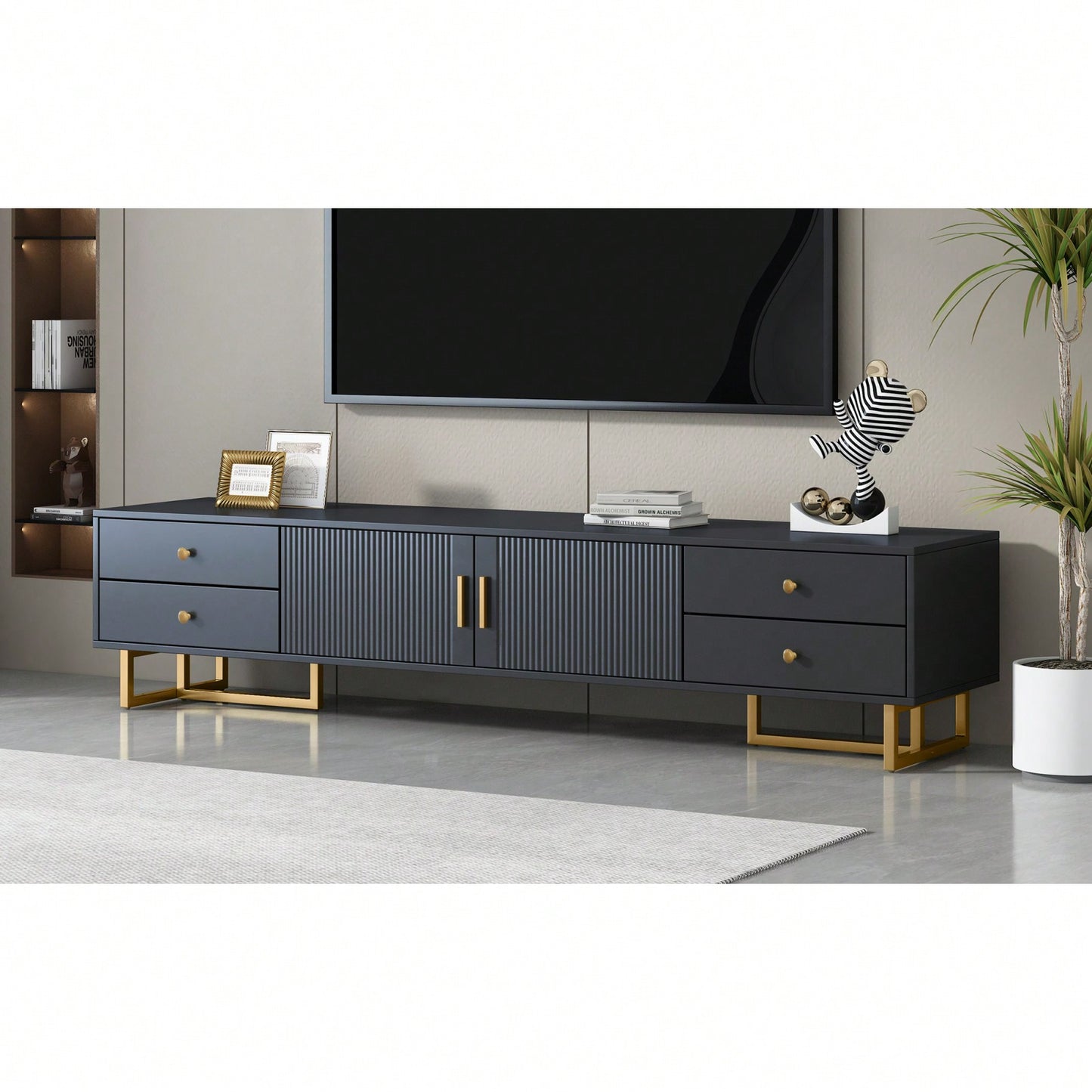 Modern TV Stand With Storage, Entertainment Center For 65+ Inch TV, Wave Groove Design, T-Shaped Metal Frame