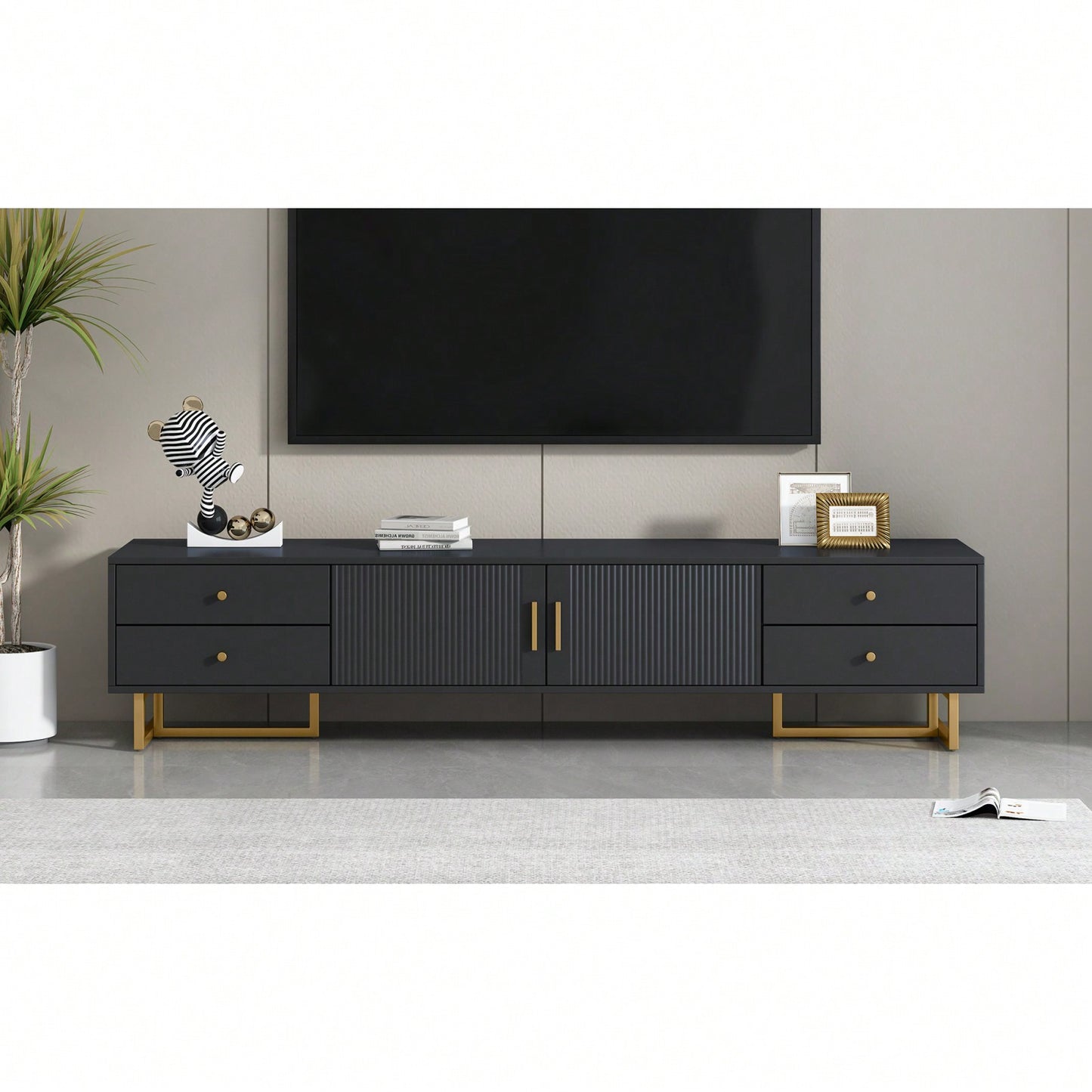 Modern TV Stand With Storage, Entertainment Center For 65+ Inch TV, Wave Groove Design, T-Shaped Metal Frame