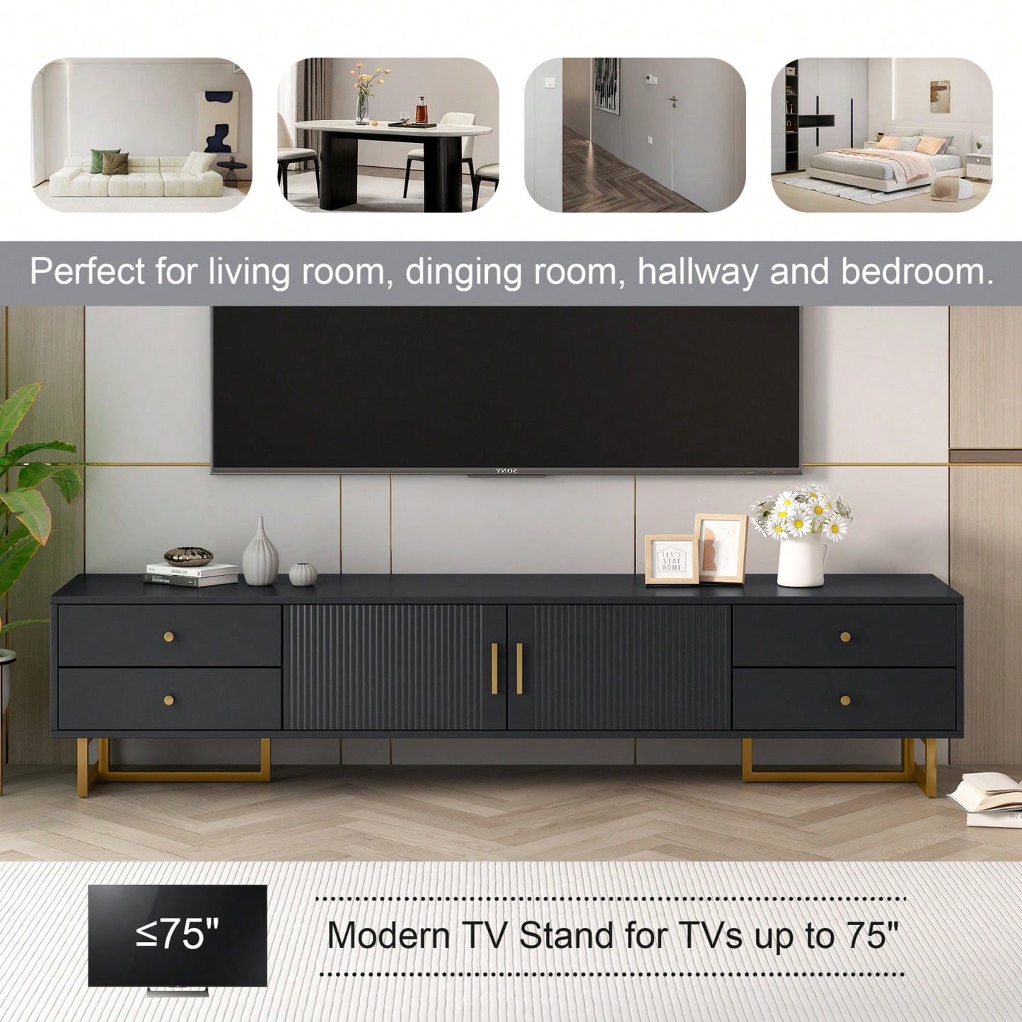 Modern TV Stand With Storage, Entertainment Center For 65+ Inch TV, Wave Groove Design, T-Shaped Metal Frame