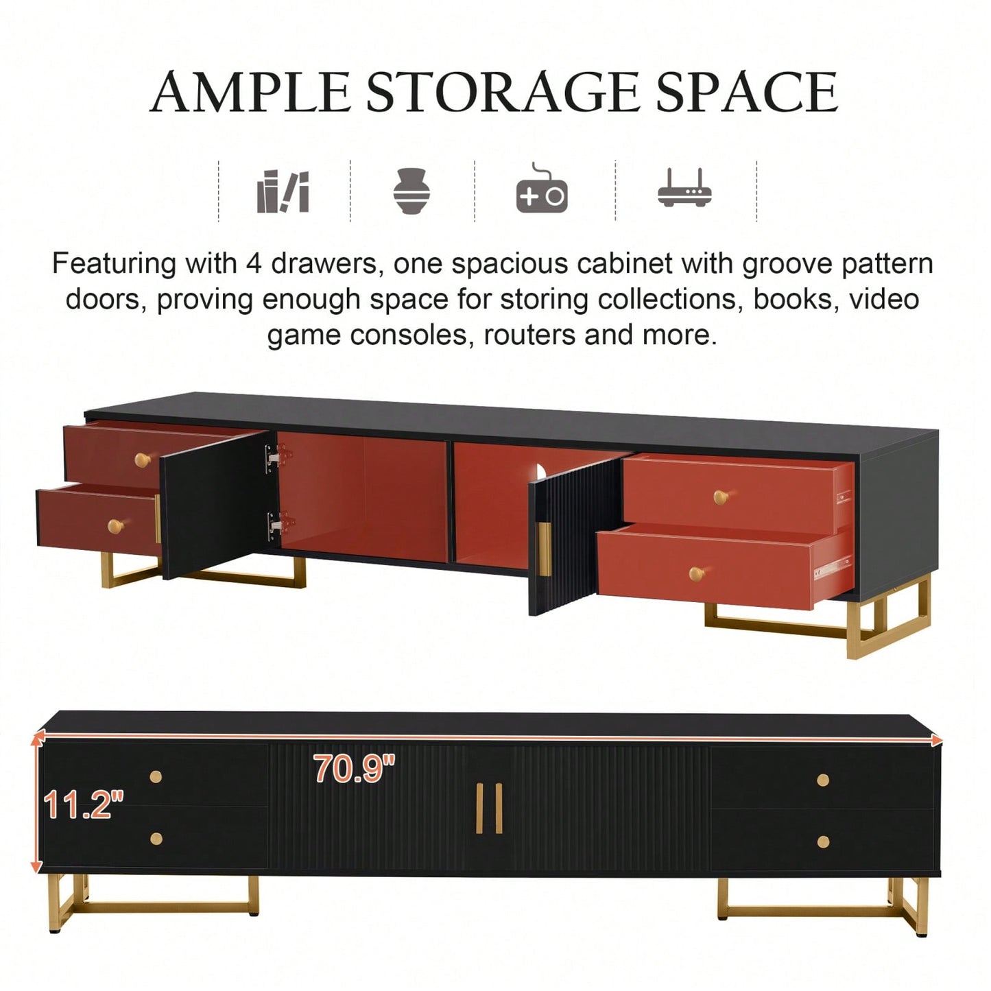 Modern TV Stand With Storage, Entertainment Center For 65+ Inch TV, Wave Groove Design, T-Shaped Metal Frame