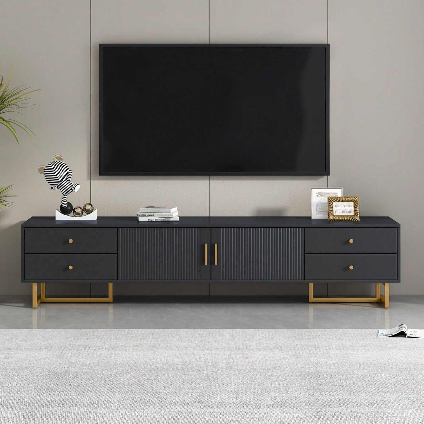 Modern TV Stand With Storage, Entertainment Center For 65+ Inch TV, Wave Groove Design, T-Shaped Metal Frame