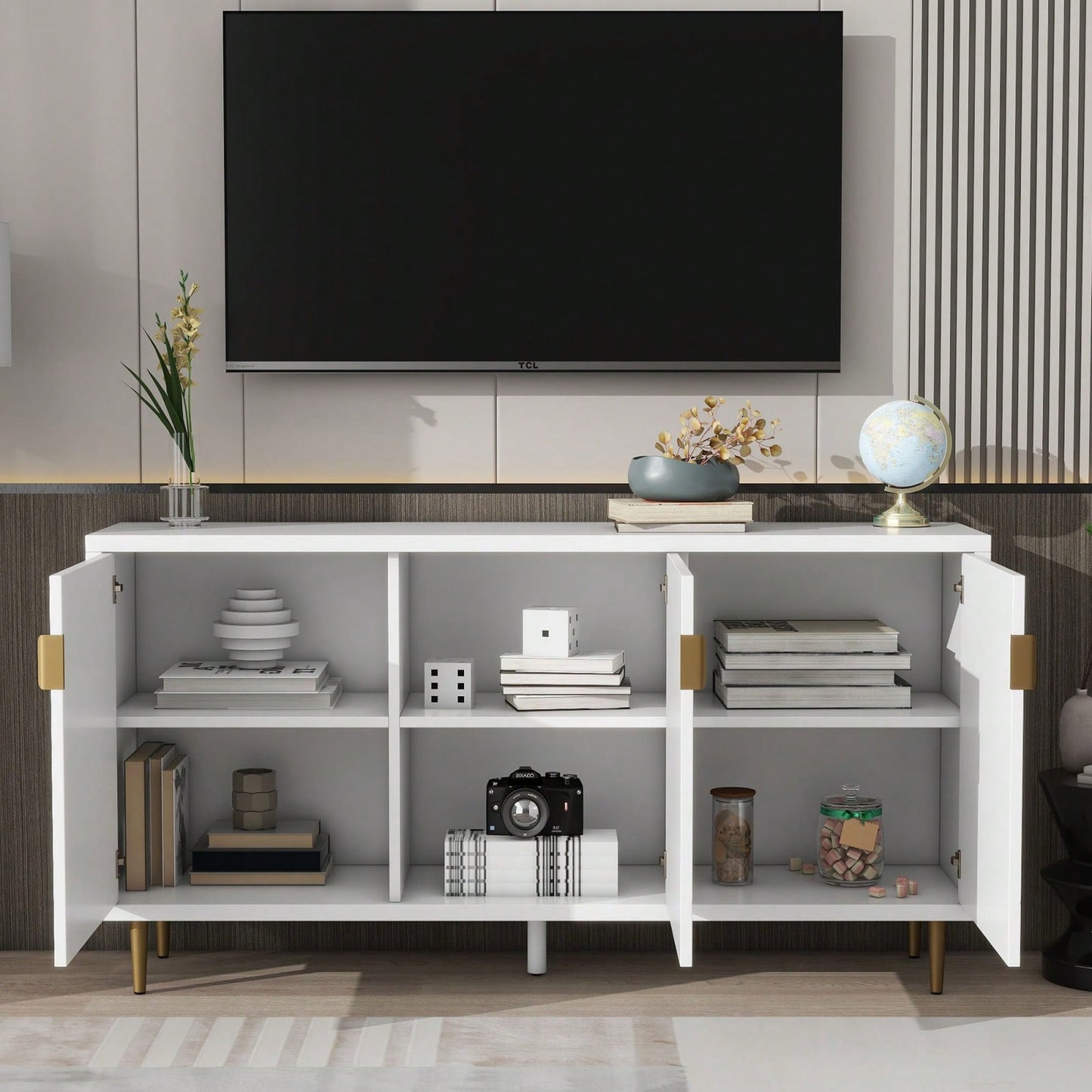 Modern TV Stand With 3 Doors And Adjustable Shelves For Living Room, Fits TVs Up To 70 Inches