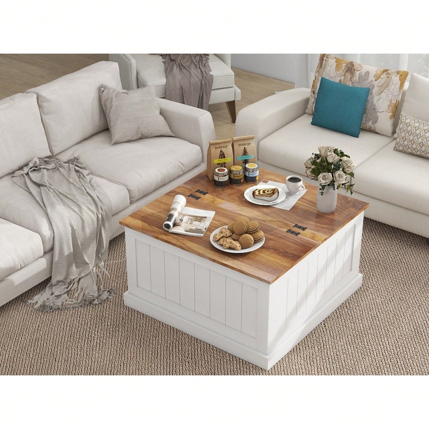 Rustic 31.5 Inch Farmhouse Coffee Table with Lift Top and Hidden Storage for Living Room