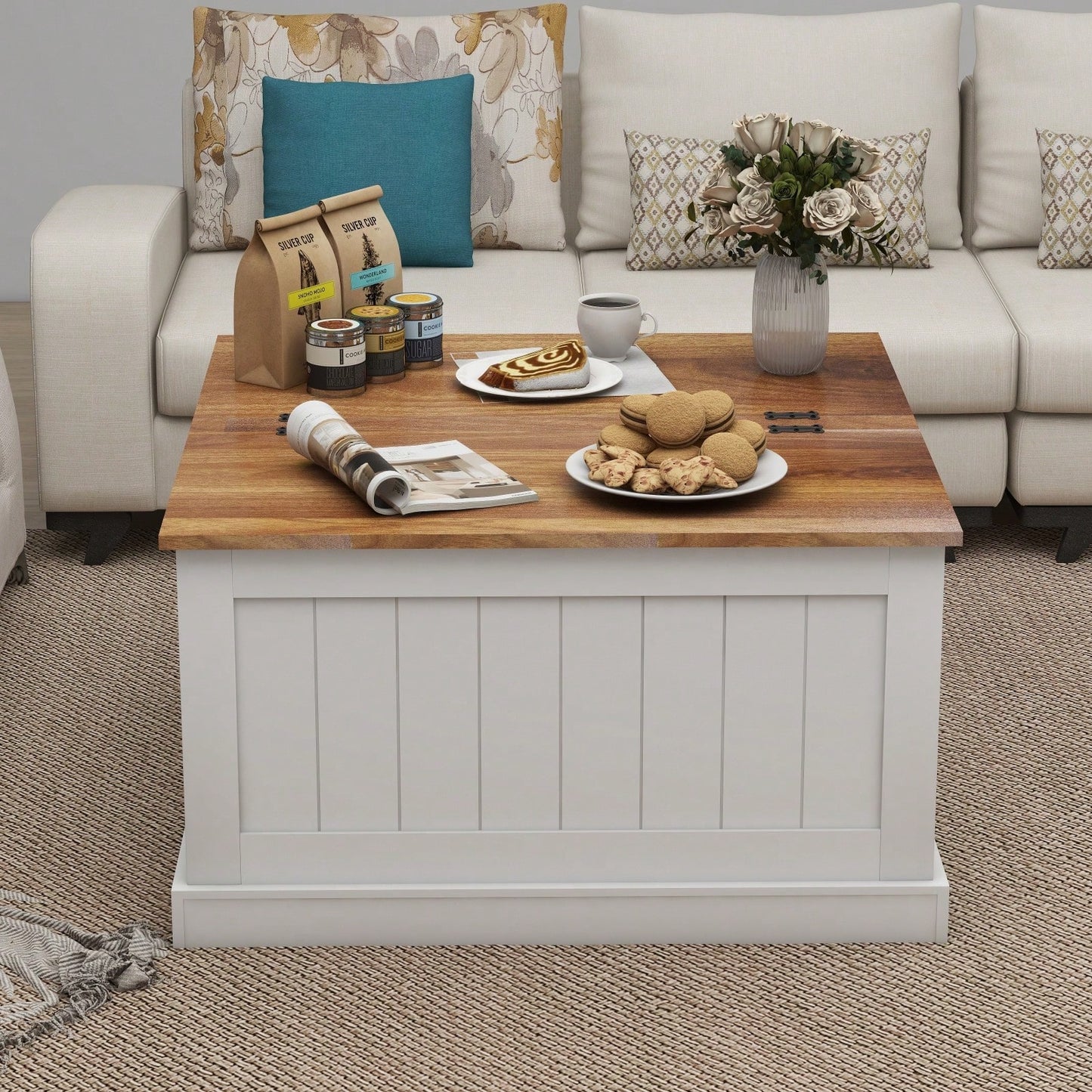 Rustic 31.5 Inch Farmhouse Coffee Table with Lift Top and Hidden Storage for Living Room