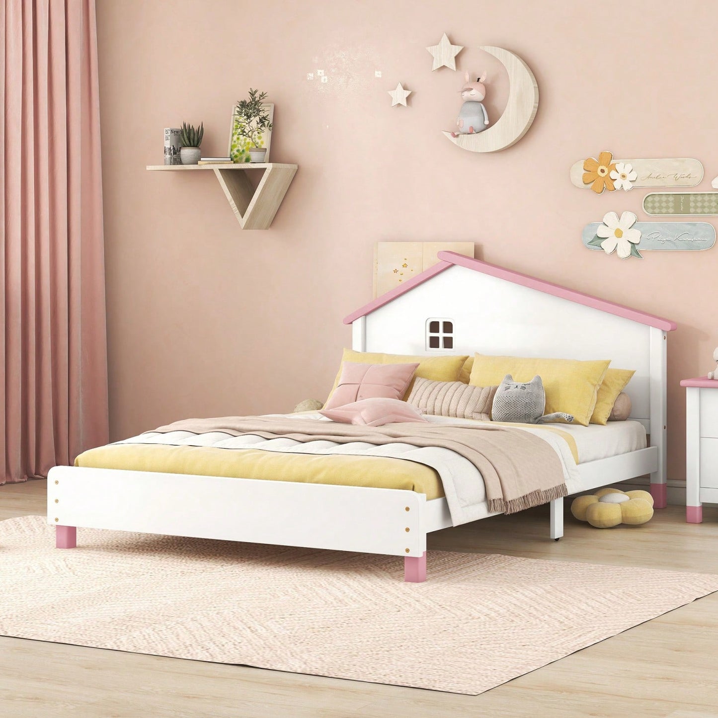 This Bed Is A Great Gift For Any Occasion. Full Size Wood Platform Bed With House-Shaped Headboard