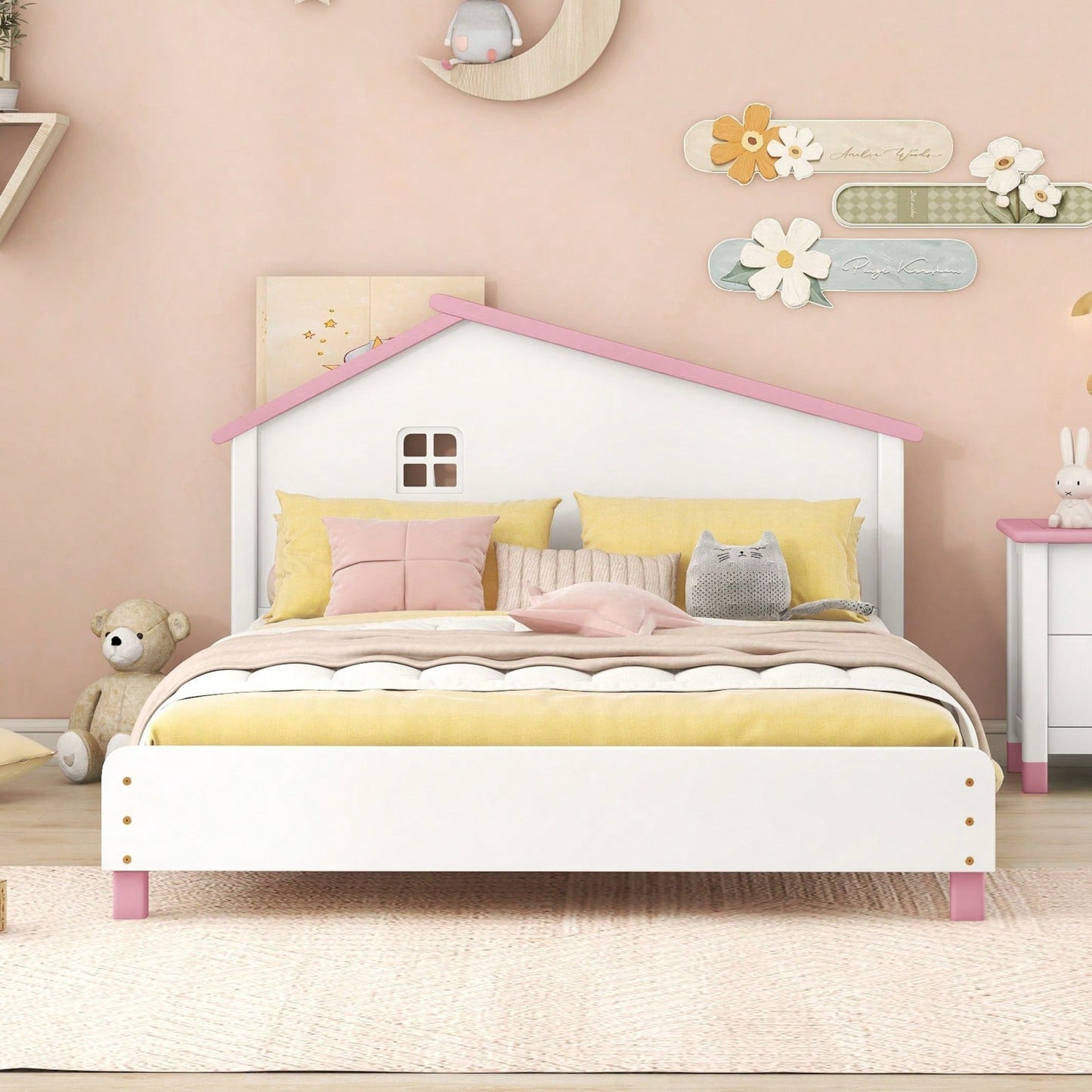 This Bed Is A Great Gift For Any Occasion. Full Size Wood Platform Bed With House-Shaped Headboard