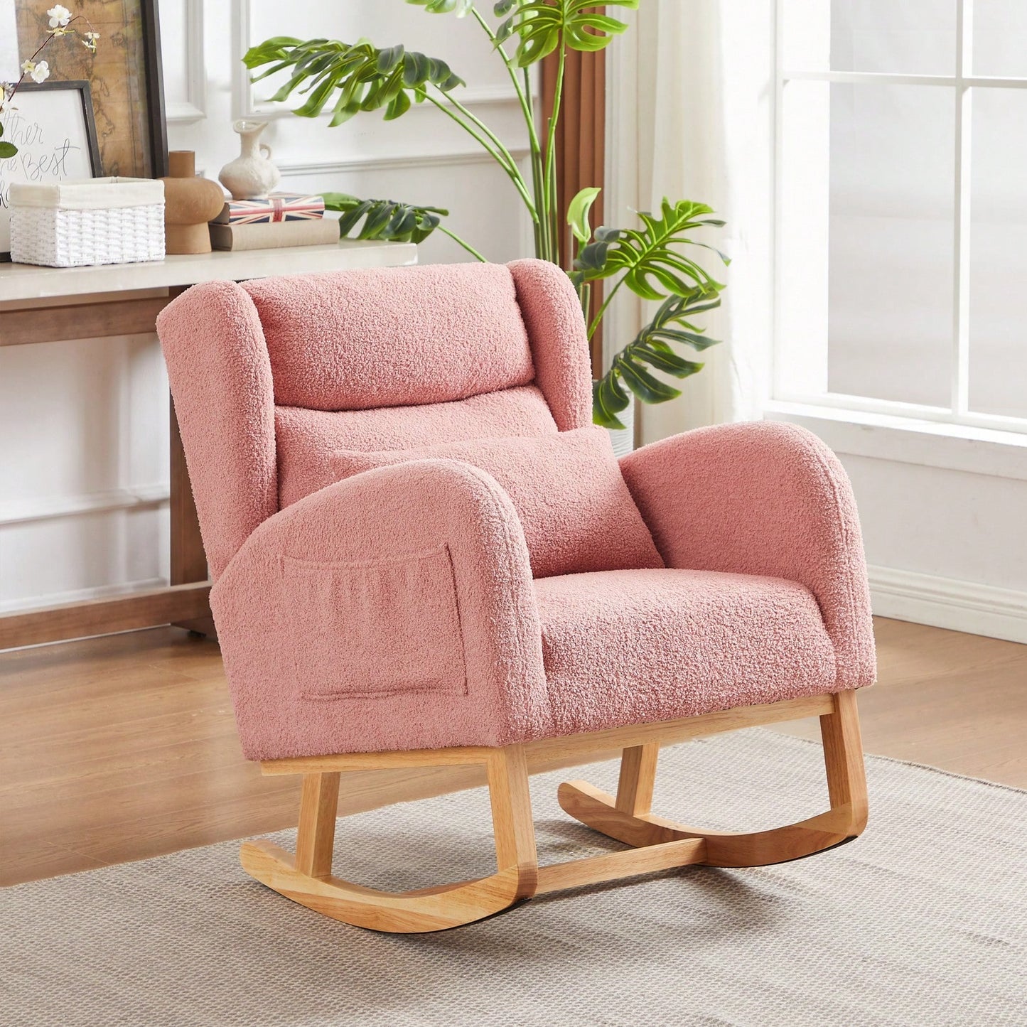 High Back Modern Accent Rocking Chair with Side Pockets Upholstered Lounge Armchair for Living Room Bedroom Nursery Supports 250 Lbs