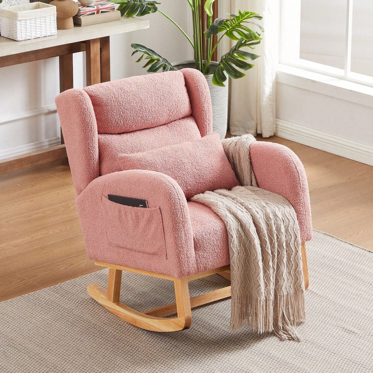 High Back Modern Accent Rocking Chair with Side Pockets Upholstered Lounge Armchair for Living Room Bedroom Nursery Supports 250 Lbs