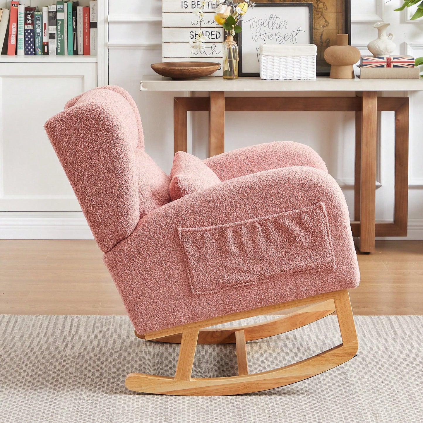 High Back Modern Accent Rocking Chair with Side Pockets Upholstered Lounge Armchair for Living Room Bedroom Nursery Supports 250 Lbs