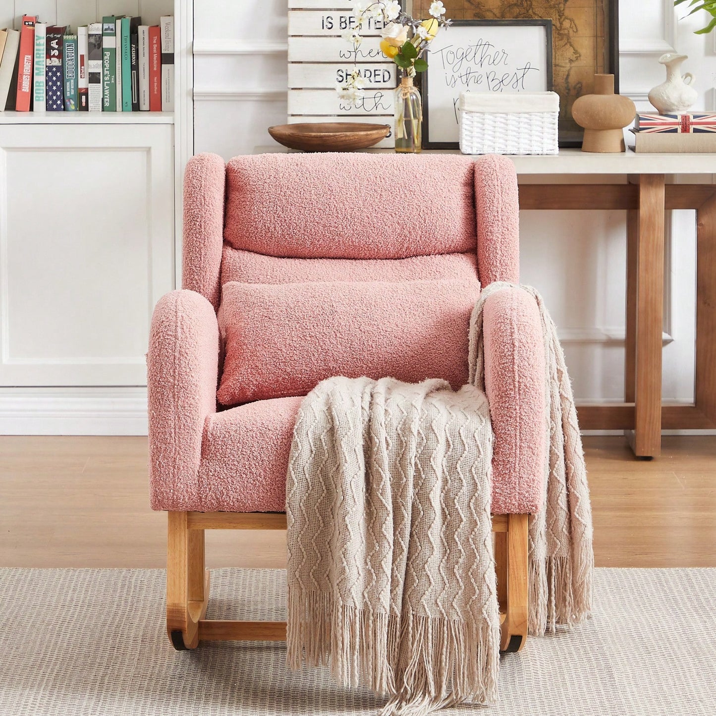 High Back Modern Accent Rocking Chair with Side Pockets Upholstered Lounge Armchair for Living Room Bedroom Nursery Supports 250 Lbs