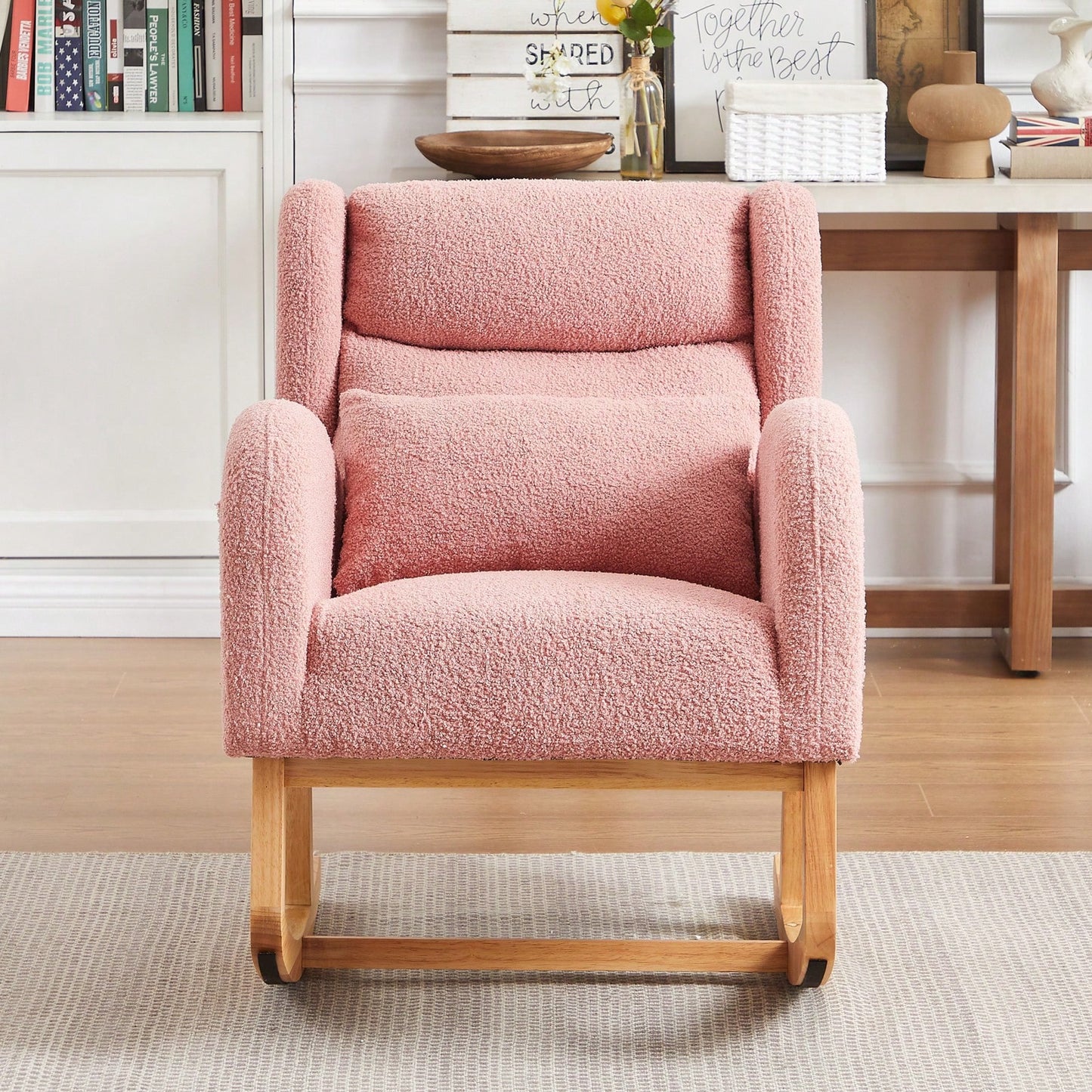 High Back Modern Accent Rocking Chair with Side Pockets Upholstered Lounge Armchair for Living Room Bedroom Nursery Supports 250 Lbs