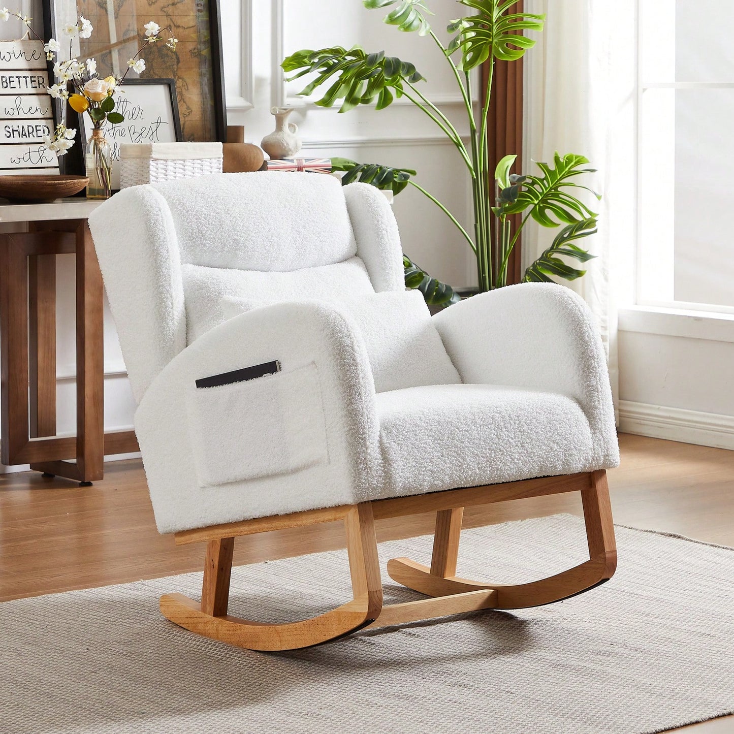 High Back Modern Accent Rocking Chair with Side Pockets Upholstered Lounge Armchair for Living Room Bedroom Nursery Supports 250 Lbs