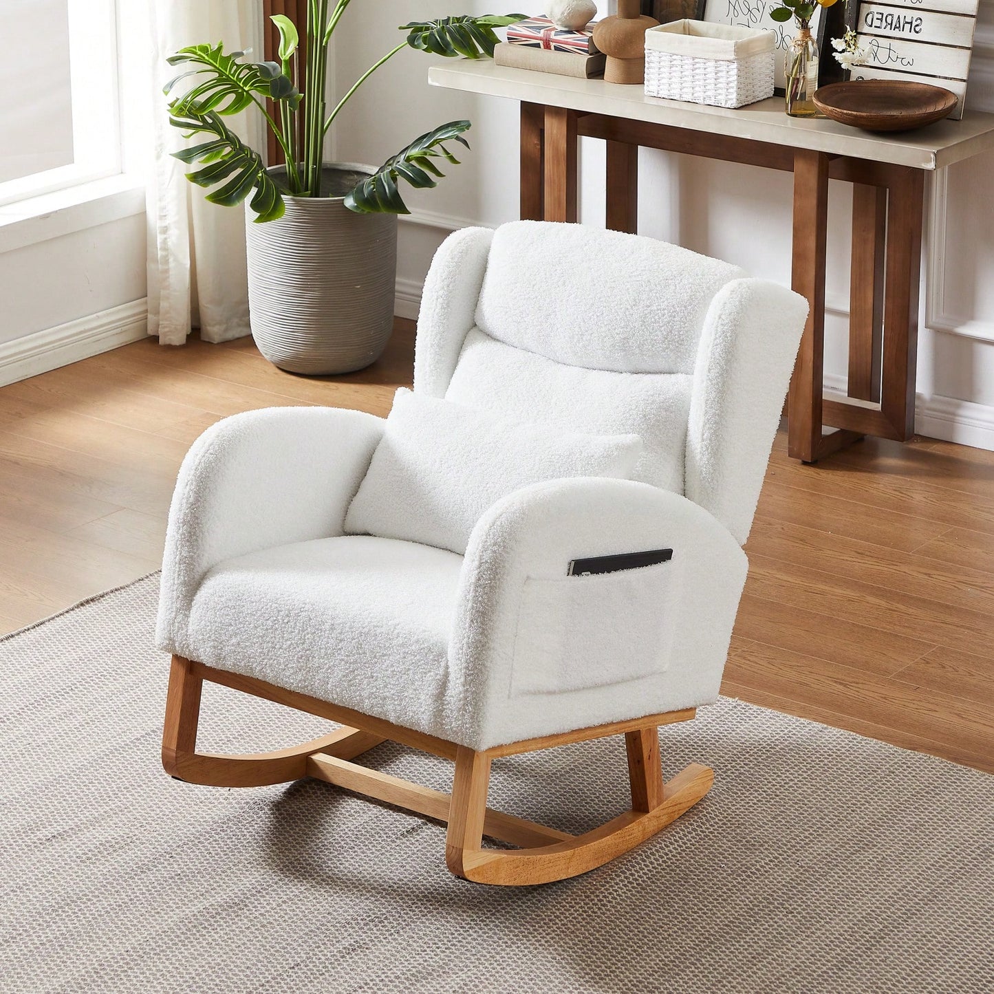 High Back Modern Accent Rocking Chair with Side Pockets Upholstered Lounge Armchair for Living Room Bedroom Nursery Supports 250 Lbs
