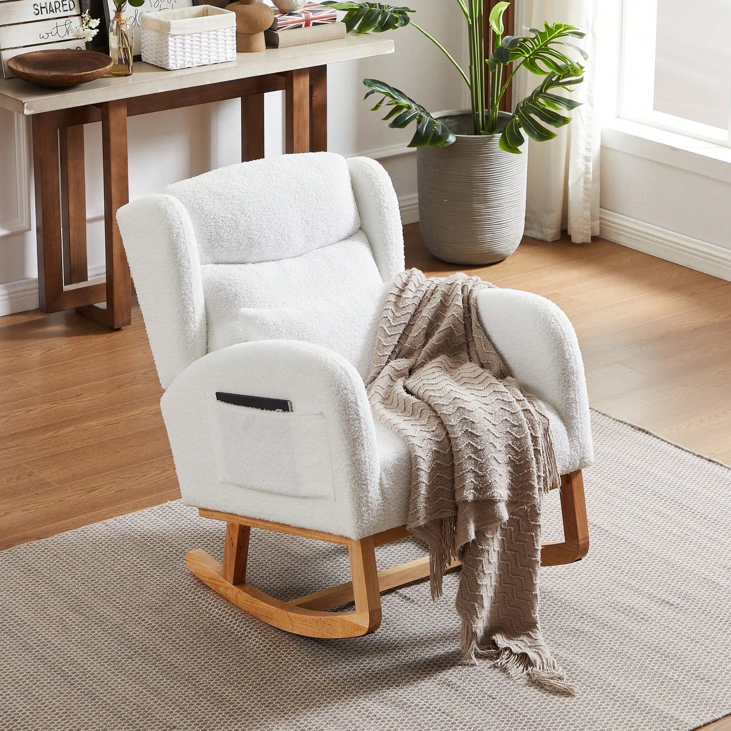 High Back Modern Accent Rocking Chair with Side Pockets Upholstered Lounge Armchair for Living Room Bedroom Nursery Supports 250 Lbs