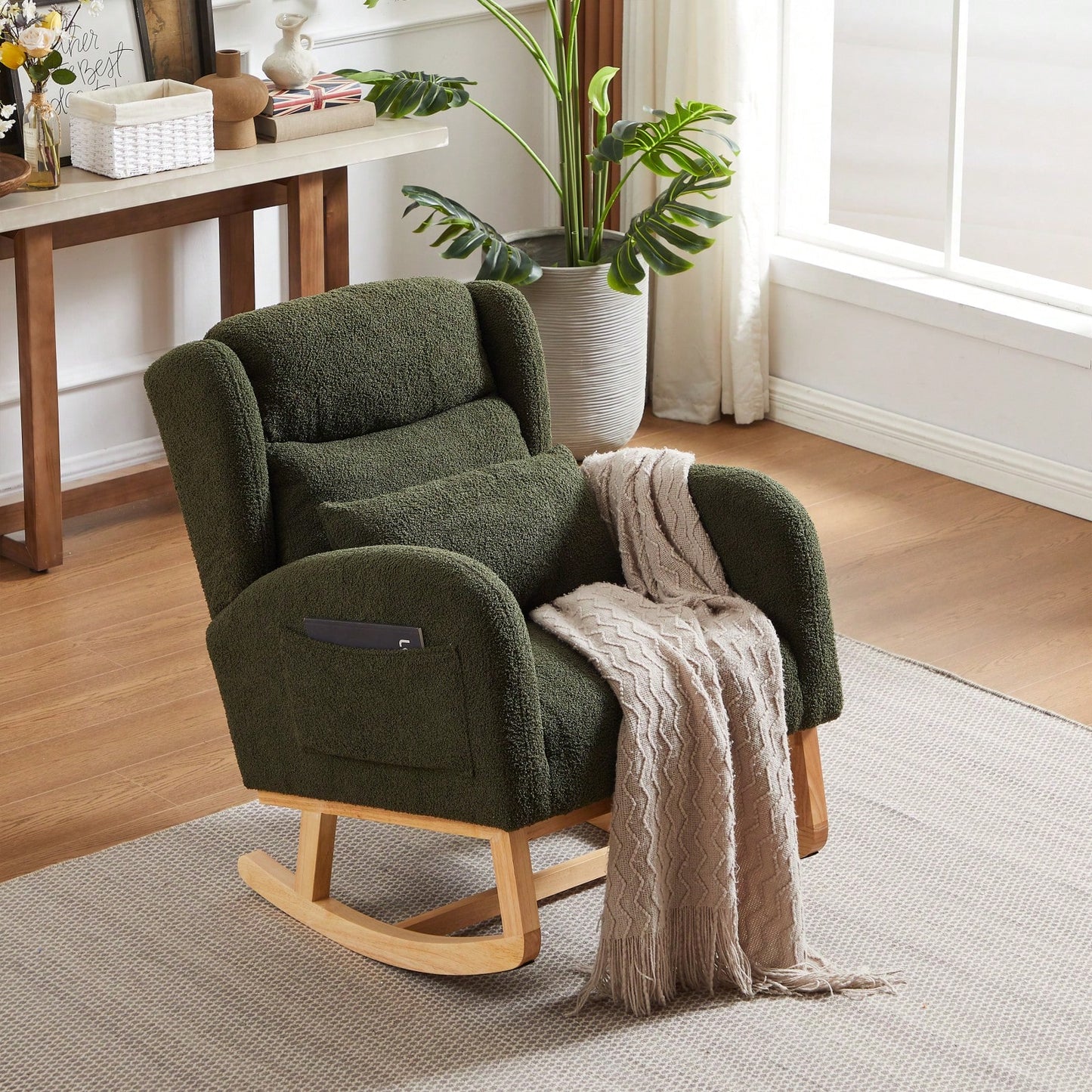 High Back Modern Accent Rocking Chair with Side Pockets Upholstered Lounge Armchair for Living Room Bedroom Nursery Supports 250 Lbs
