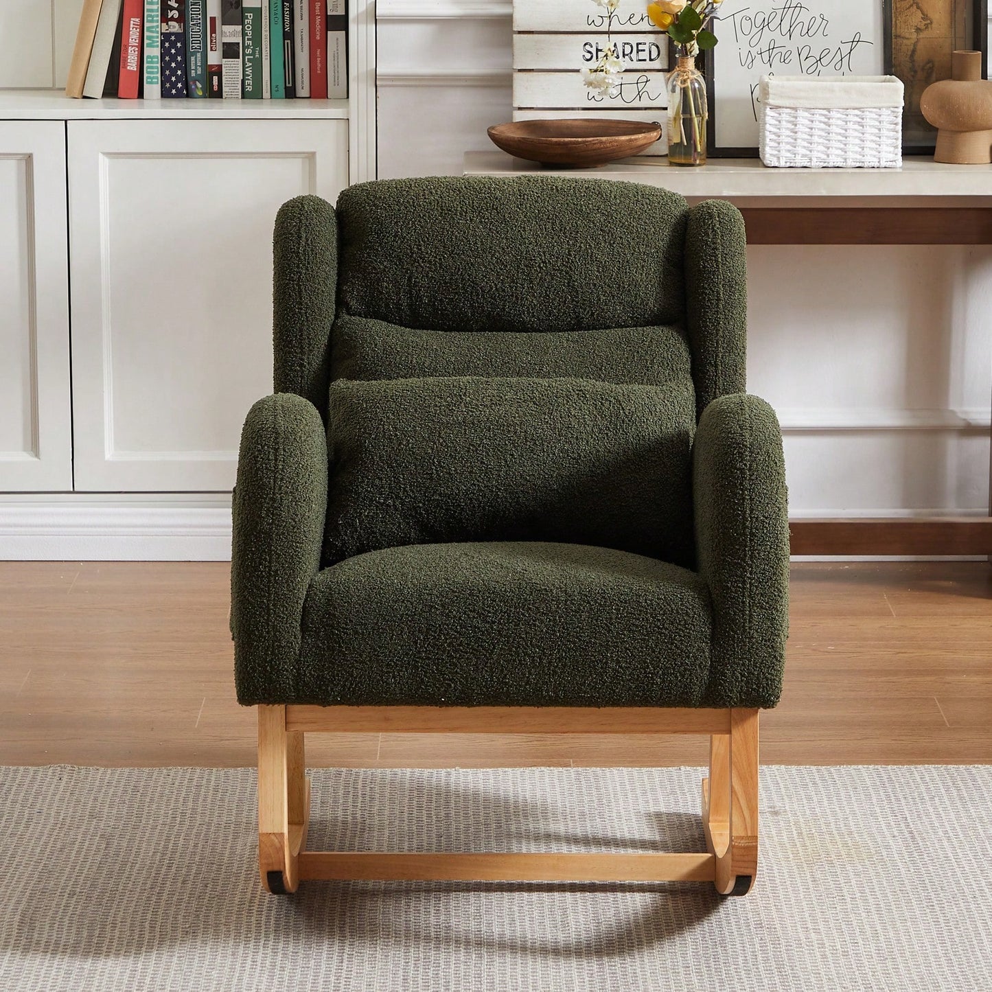 High Back Modern Accent Rocking Chair with Side Pockets Upholstered Lounge Armchair for Living Room Bedroom Nursery Supports 250 Lbs