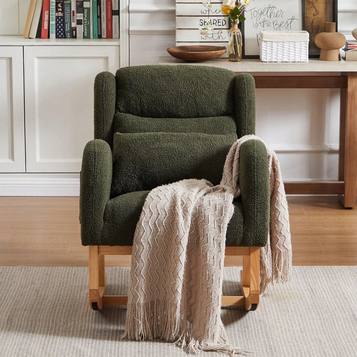High Back Modern Accent Rocking Chair with Side Pockets Upholstered Lounge Armchair for Living Room Bedroom Nursery Supports 250 Lbs