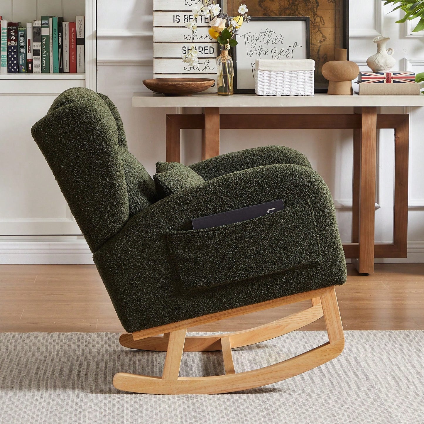 High Back Modern Accent Rocking Chair with Side Pockets Upholstered Lounge Armchair for Living Room Bedroom Nursery Supports 250 Lbs