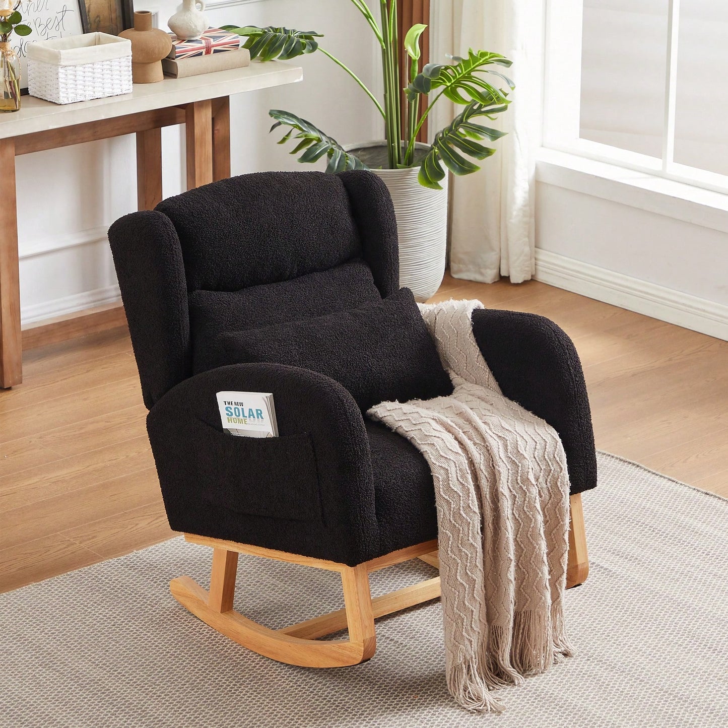 High Back Modern Accent Rocking Chair with Side Pockets Upholstered Lounge Armchair for Living Room Bedroom Nursery Supports 250 Lbs