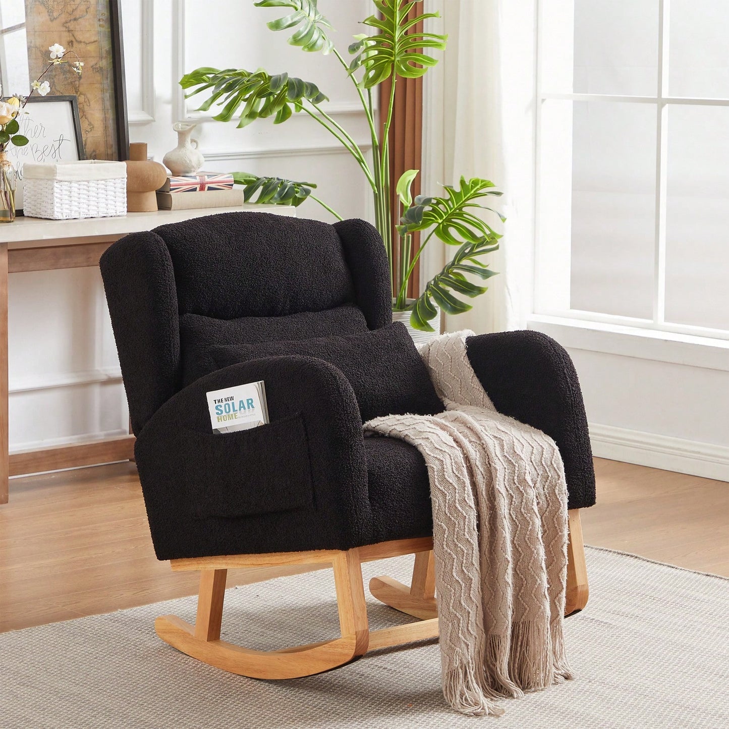 High Back Modern Accent Rocking Chair with Side Pockets Upholstered Lounge Armchair for Living Room Bedroom Nursery Supports 250 Lbs