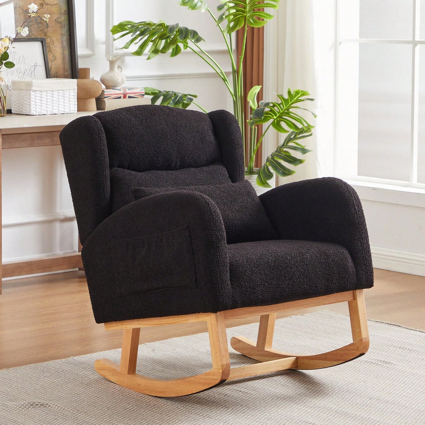High Back Modern Accent Rocking Chair with Side Pockets Upholstered Lounge Armchair for Living Room Bedroom Nursery Supports 250 Lbs