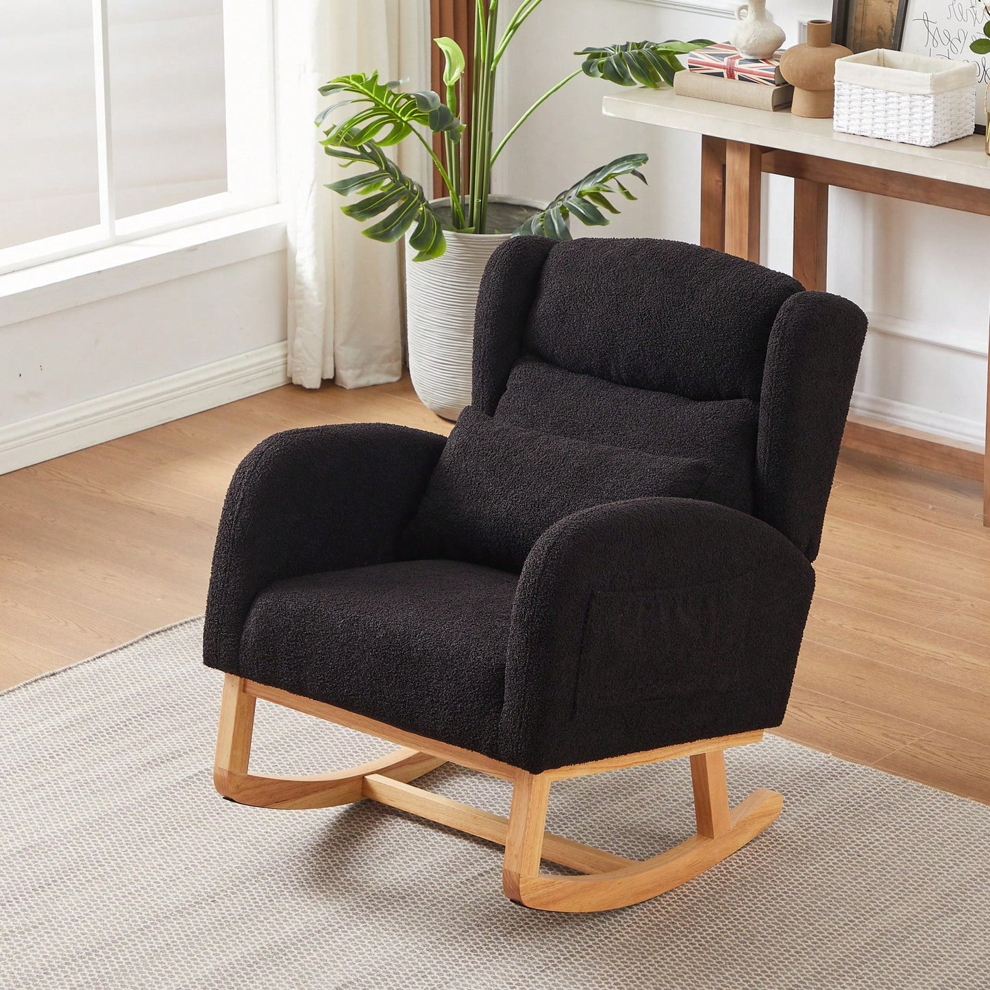 High Back Modern Accent Rocking Chair with Side Pockets Upholstered Lounge Armchair for Living Room Bedroom Nursery Supports 250 Lbs