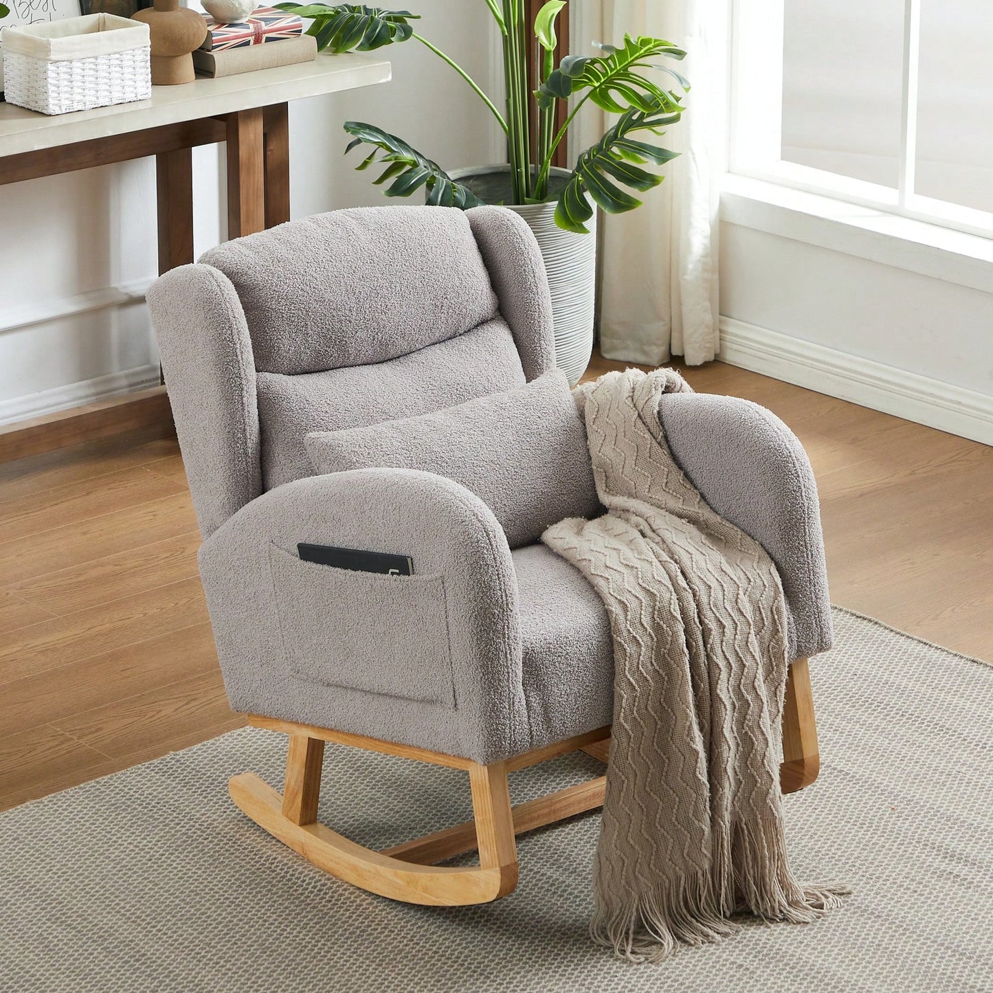 High Back Modern Accent Rocking Chair with Side Pockets Upholstered Lounge Armchair for Living Room Bedroom Nursery Supports 250 Lbs