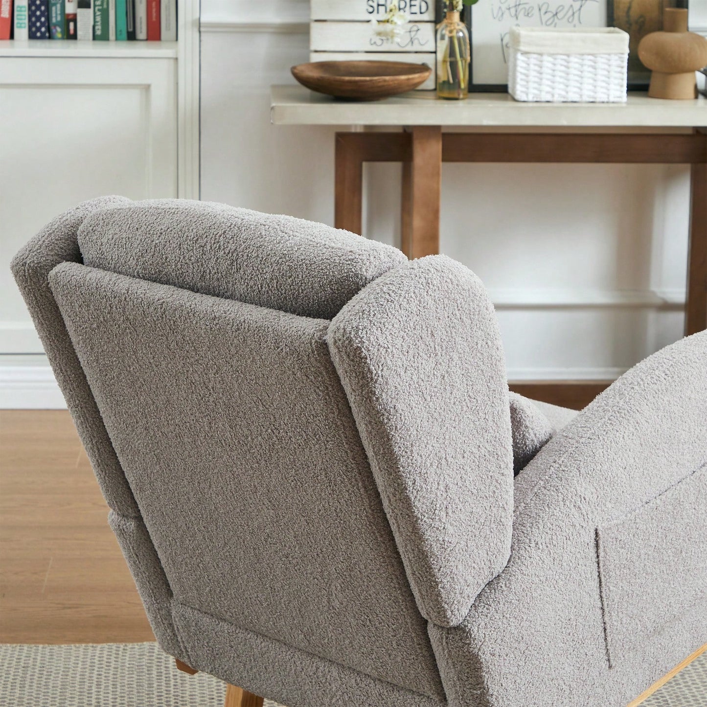 High Back Modern Accent Rocking Chair with Side Pockets Upholstered Lounge Armchair for Living Room Bedroom Nursery Supports 250 Lbs