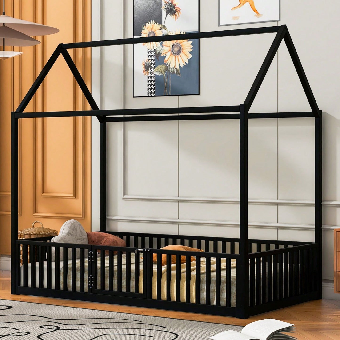 Twin Size Metal House Bed With Fence And Door