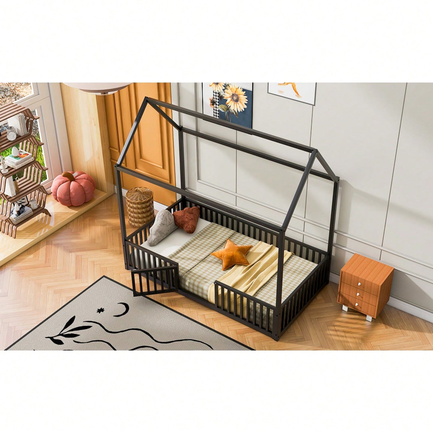 Twin Size Metal House Bed With Fence And Door