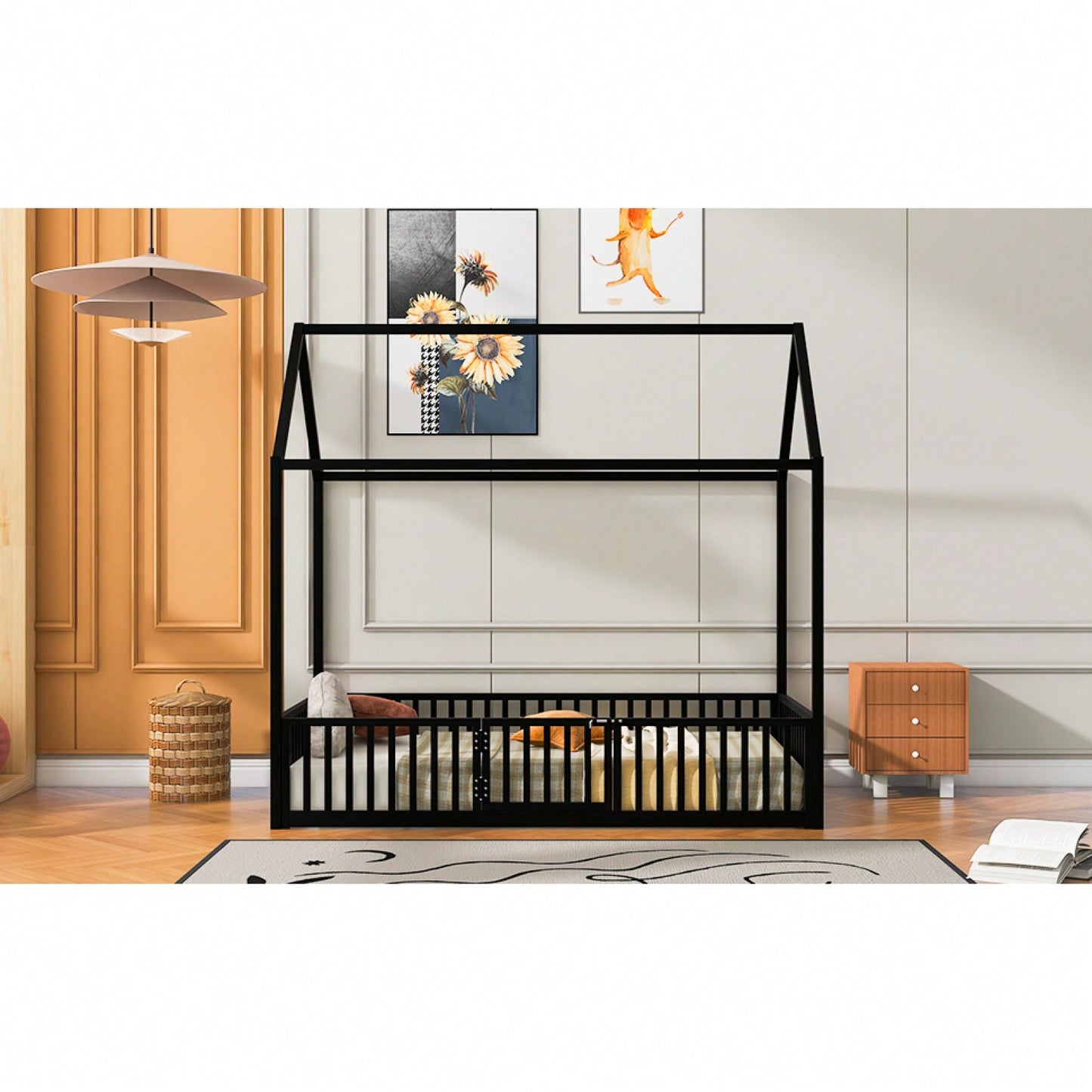 Twin Size Metal House Bed With Fence And Door