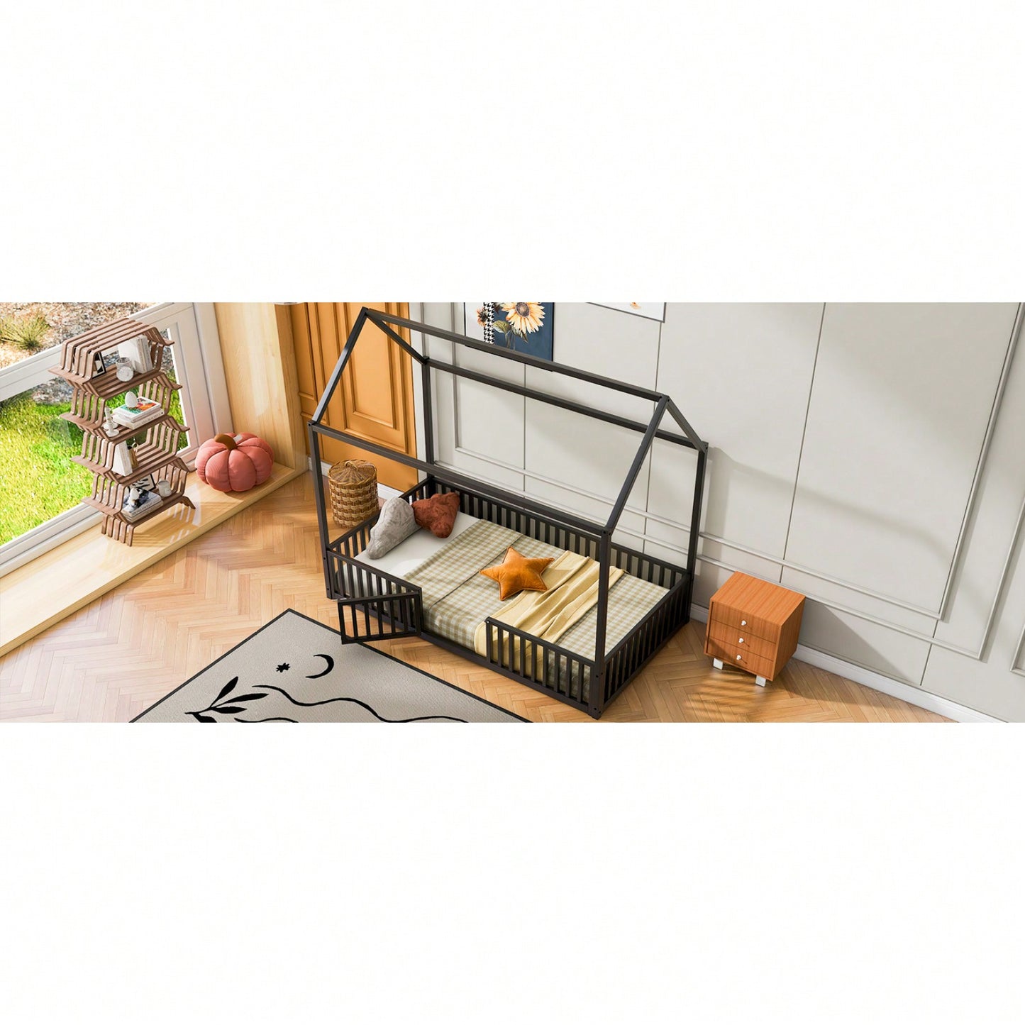 Twin Size Metal House Bed With Fence And Door