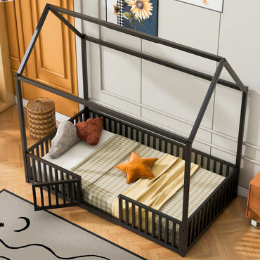 Twin Size Metal House Bed With Fence And Door