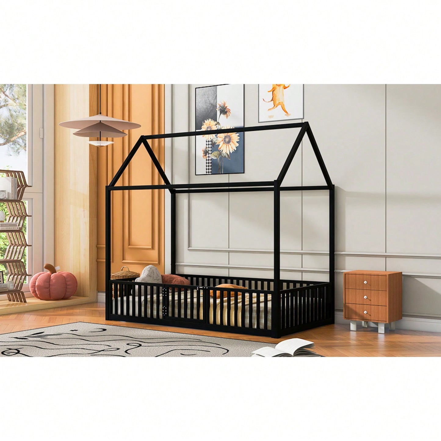 Twin Size Metal House Bed With Fence And Door