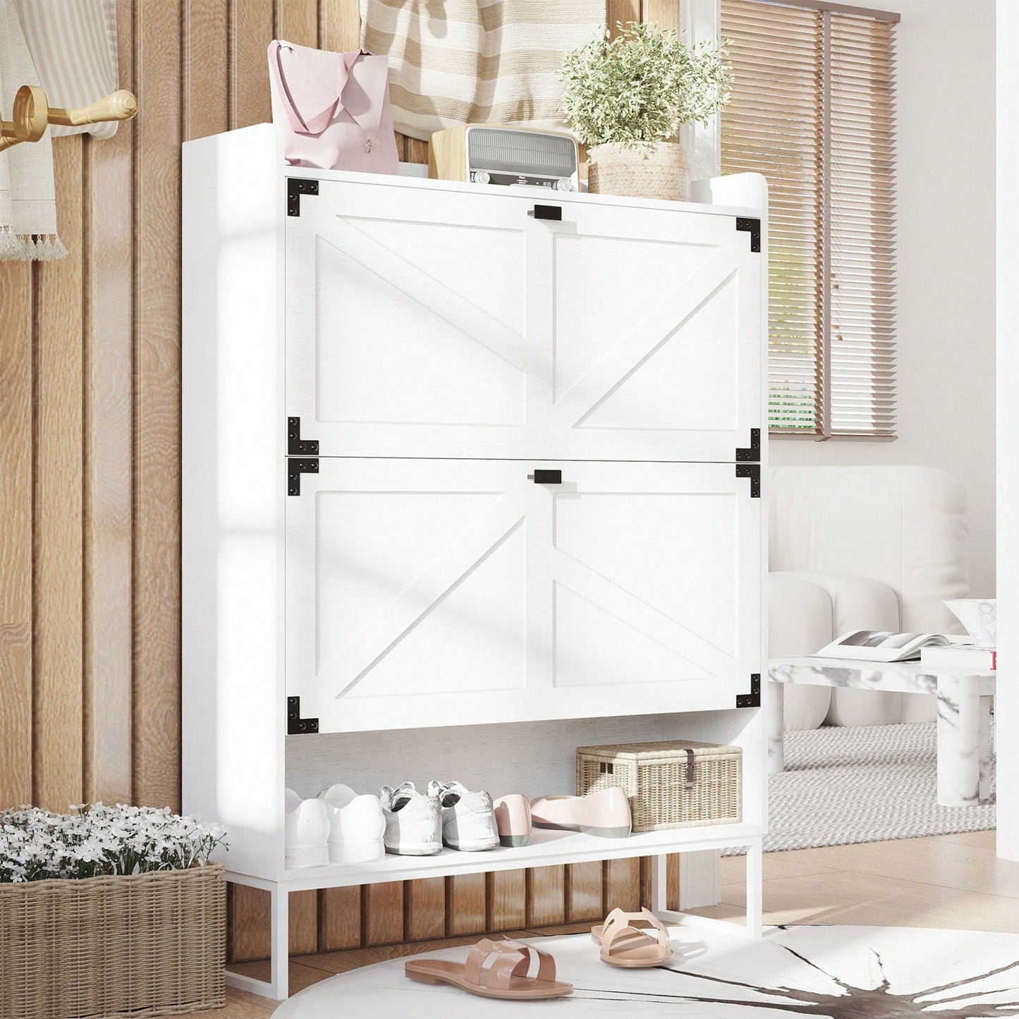Narrow Farmhouse Shoe Cabinet with Doors and Open Storage for Entryway Hallway Living Room 2 Tier Flip Drawer Organizer