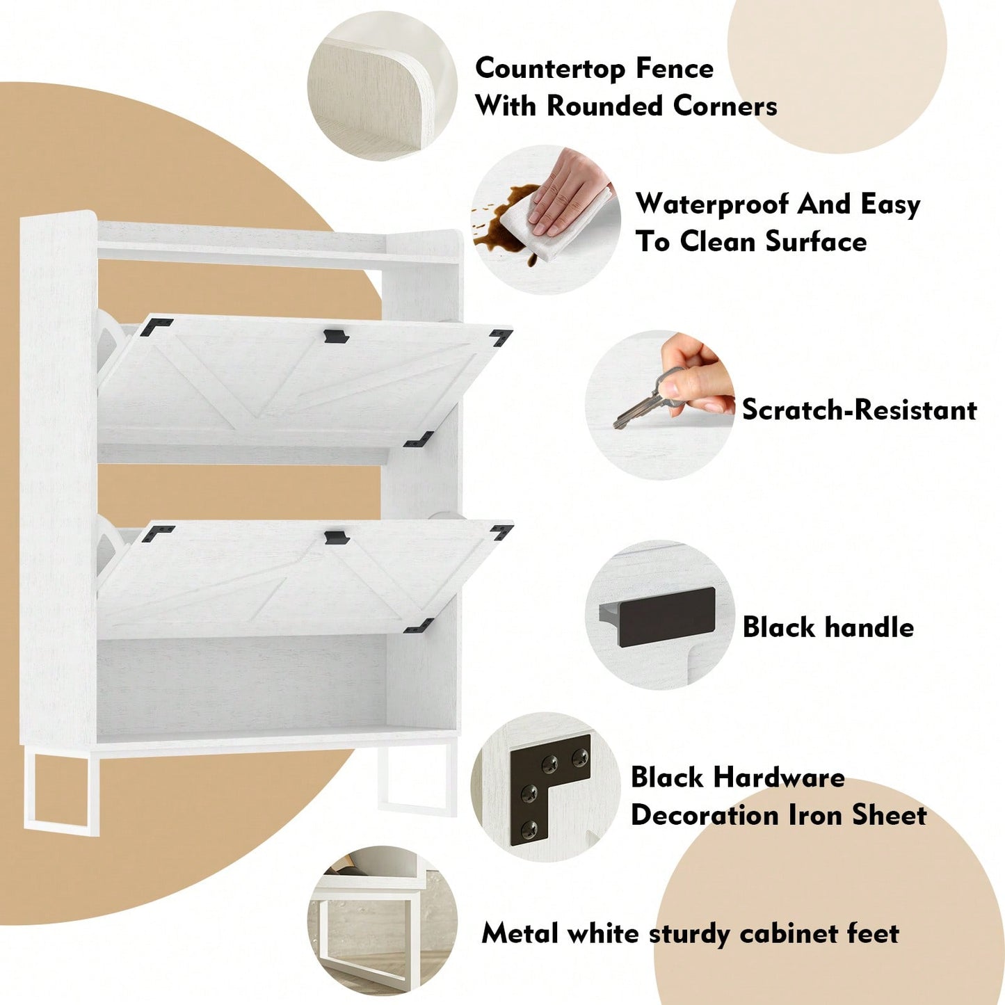 Narrow Farmhouse Shoe Cabinet with Doors and Open Storage for Entryway Hallway Living Room 2 Tier Flip Drawer Organizer