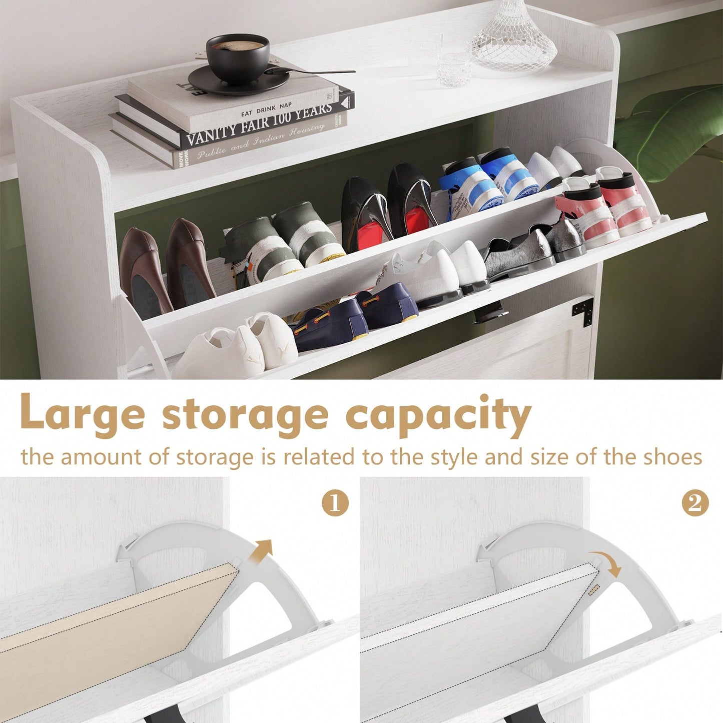 Narrow Farmhouse Shoe Cabinet with Doors and Open Storage for Entryway Hallway Living Room 2 Tier Flip Drawer Organizer