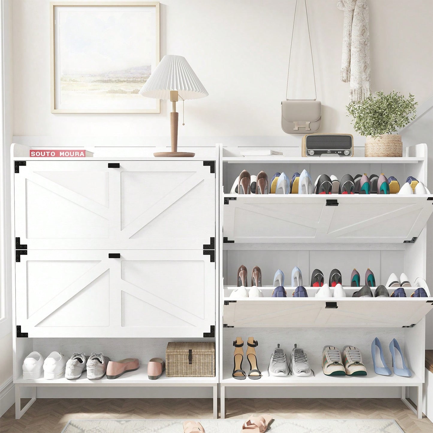 Narrow Farmhouse Shoe Cabinet with Doors and Open Storage for Entryway Hallway Living Room 2 Tier Flip Drawer Organizer